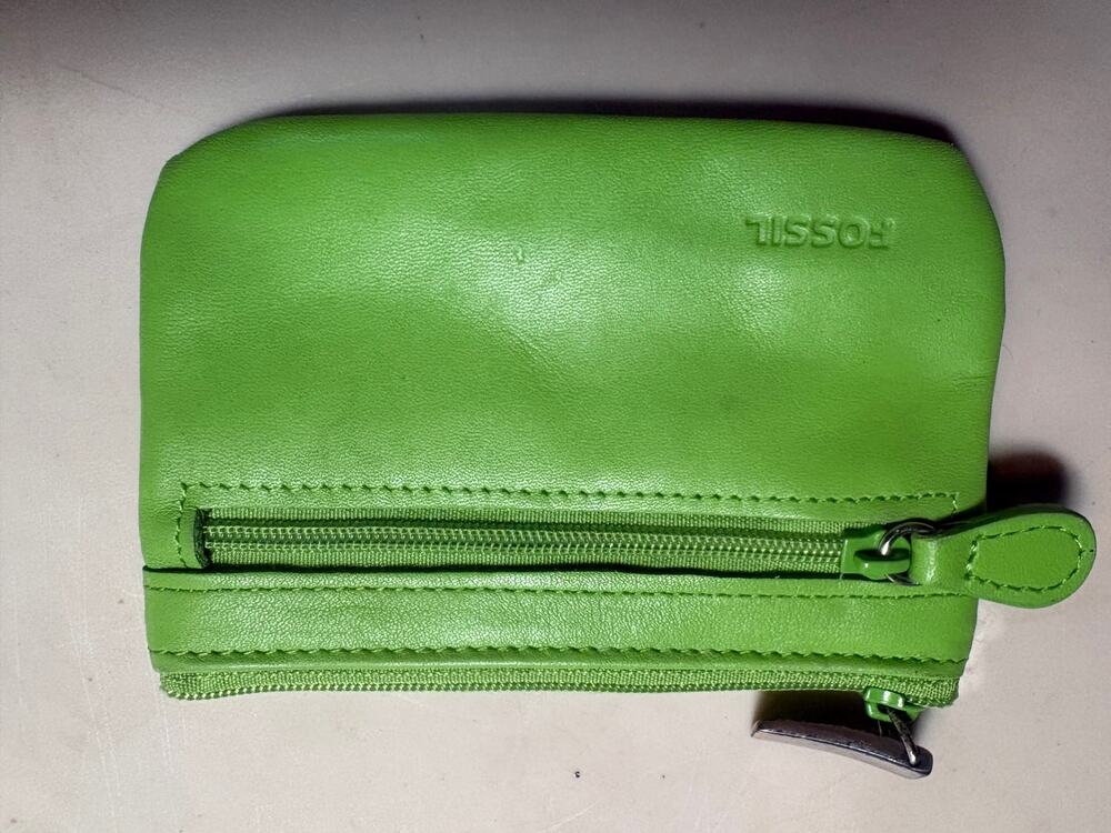 FOSSIL Coin Purse Wallet Unisex Green Leather Zipper Accessory